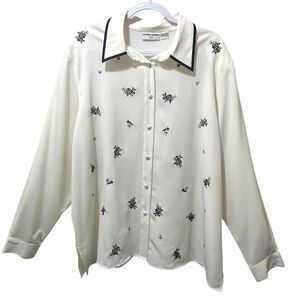 Alfred Dunner White Long Sleeve Button Front Collar Shirt Black Embroidery 24W